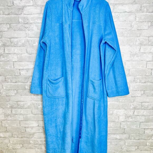 LL Bean Fleece Robe Size Large Full Zip Long Plush Winter Arctic Blue Pockets - Picture 6 of 12